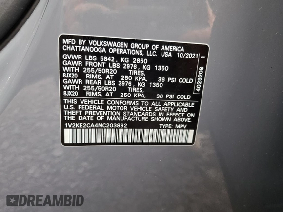 2022 Volkswagen Atlas SE z VIN 1V2KE2CA4NC203892, wystawiony jako Copart lot #46298655 z przebiegiem 39 820 mil mil oraz Szkody całkowita. Historia ofert i sprzedaży dostępna na DreamBid. Obrazek 14.