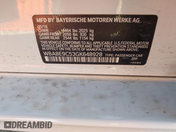 2016 BMW 3 Series 328i with VIN WBA8E9C53GK648928, listed as a IAAI auction lot 41776898 with 74,456 mi miles and . Bid and sale history available at DreamBid. Image 9.