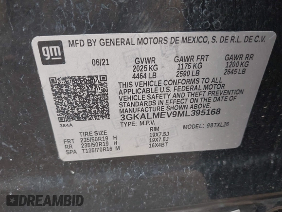 2021 GMC Terrain SLE with VIN 3GKALMEV9ML395168, listed as a IAAI auction lot 42553904 with 66,784 mi miles and . Bid and sale history available at DreamBid. Image 9.