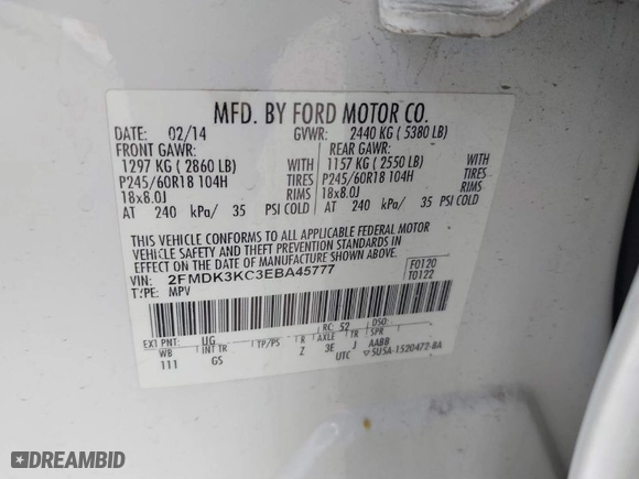 2014 Ford Edge Limited with VIN 2FMDK3KC3EBA45777, listed as a IAAI auction lot 41740414 with 208,200 mi miles. Bid and sale history available at carsss.com. Image 9.