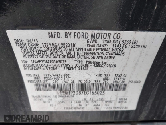 2014 Ford Taurus SE z VIN 1FAHP2D87EG165025, wystawiony jako IAAI lot #42226401 z przebiegiem 209 411 mil mil oraz . Historia ofert i sprzedaży dostępna na DreamBid. Obrazek 9.