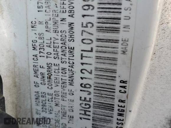 1996 Honda Civic DX with VIN 1HGEJ6121TL075199, listed as a Copart auction lot 89341435 with 320,621 mi miles and Salvage Title. Bid and sale history available at carsss.com. Image 12.