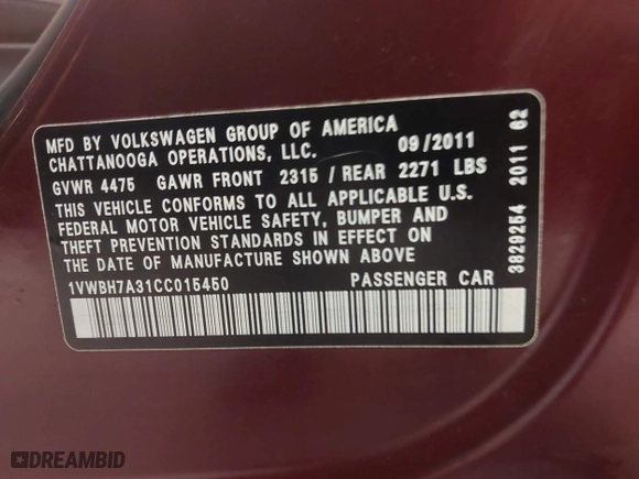 2012 Volkswagen Passat SE with VIN 1VWBH7A31CC015450, listed as a IAAI auction lot 41763605 with 160,288 mi miles. Bid and sale history available at carsss.com. Image 9.
