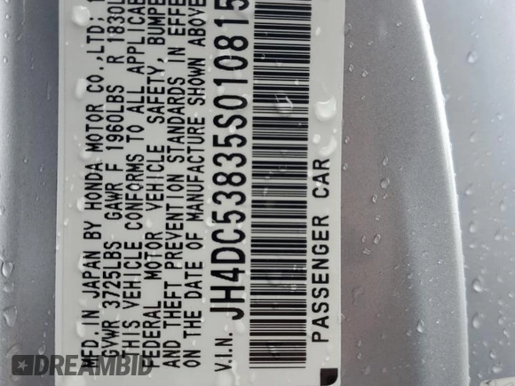 2005 Acura RSX with VIN JH4DC53835S010815, listed as a Copart auction lot 89394445 with 92,186 mi miles and Salvage title. Bid and sale history available at DreamBid. Image 12.