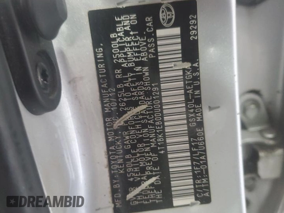 2013 Toyota Avalon XLE with VIN 4T1BK1EB0DU001291, listed as a Copart auction lot 54129175 with 107,242 mi miles and Salvage Title. Bid and sale history available at DreamBid. Image 12.