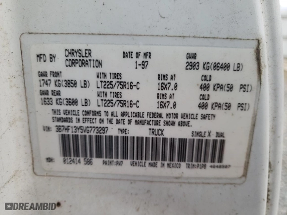 1997 Dodge Ram 1500 with VIN 3B7HF13Y5VG773297, listed as a Copart auction lot 78816914 with 163,278 mi miles and Salvage Title. Bid and sale history available at carsss.com. Image 14.