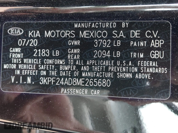 2021 Kia Forte LXS с VIN 3KPF24AD8ME265680, выставлен на аукционе IAAI как лот 42369530 с пробегом 76 678 миль миль и . История ставок и продаж доступна на DreamBid. Изображение 9.