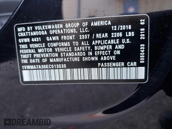 2019 Volkswagen Passat SE R-Line z VIN 1VWMA7A35KC013535, wystawiony jako Copart lot #80677504 z przebiegiem 88 376 mil mil oraz Szkoda całkowita • Salvage title. Historia ofert i sprzedaży dostępna na DreamBid. Obrazek 12.