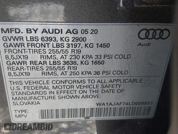 2020 Audi Q7 Premium with VIN WA1AJAF74LD009951, listed as a IAAI auction lot 41418433 with 58,291 mi miles. Bid and sale history available at carsss.com. Image 9.