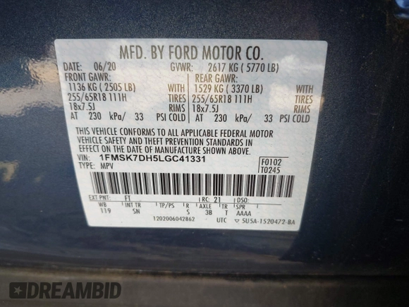 2020 Ford Explorer XLT with VIN 1FMSK7DH5LGC41331, listed as a IAAI auction lot 41491137 with 28,242 mi miles. Bid and sale history available at carsss.com. Image 9.