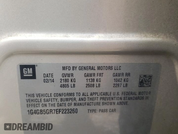 2014 Buick LaCrosse Leather with VIN 1G4GB5GR7EF223260, listed as a Copart auction lot 48387735 with 156,506 mi miles and Non Repairable. Bid and sale history available at DreamBid. Image 13.