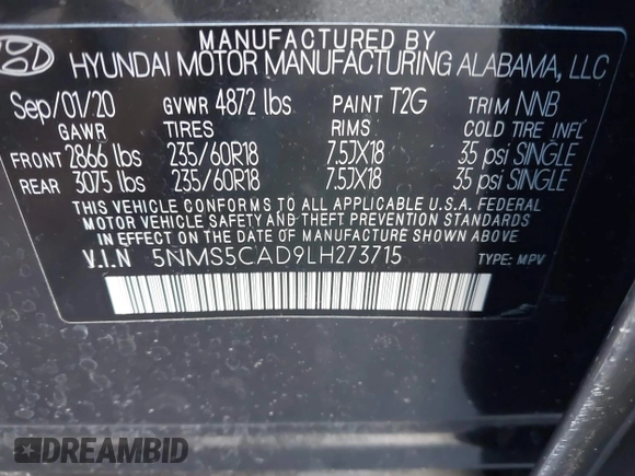 2020 Hyundai Santa Fe Limited with VIN 5NMS5CAD9LH273715, listed as a IAAI auction lot 41259190 with 14,669 mi miles and . Bid and sale history available at DreamBid. Image 9.