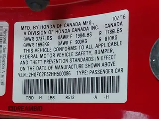 2017 Honda Civic Sedan LX with VIN 2HGFC2F52HH500086, listed as a IAAI auction lot 41831351 with 91,851 mi miles. Bid and sale history available at carsss.com. Image 9.
