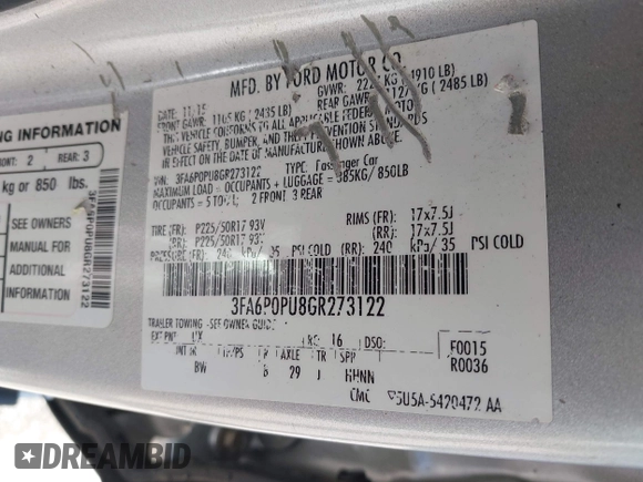 2016 Ford Fusion Energi SE Luxury with VIN 3FA6P0PU8GR273122, listed as a IAAI auction lot 42062083 with 166,318 mi miles. Bid and sale history available at carsss.com. Image 9.