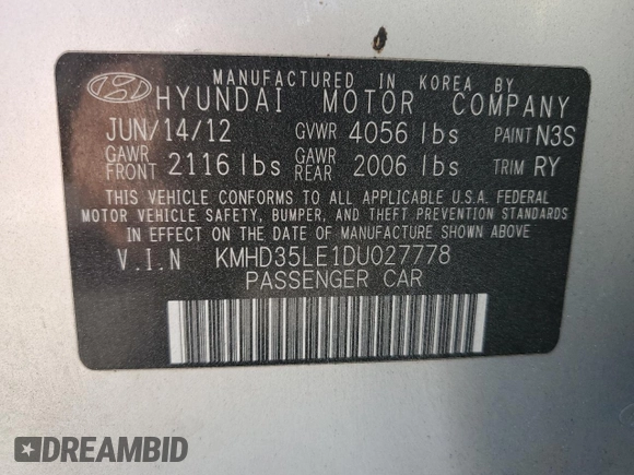 2013 Hyundai Elantra with VIN KMHD35LE1DU027778, listed as a Copart auction lot 62960035 with 215,537 mi miles and Clean title. Bid and sale history available at DreamBid. Image 12.
