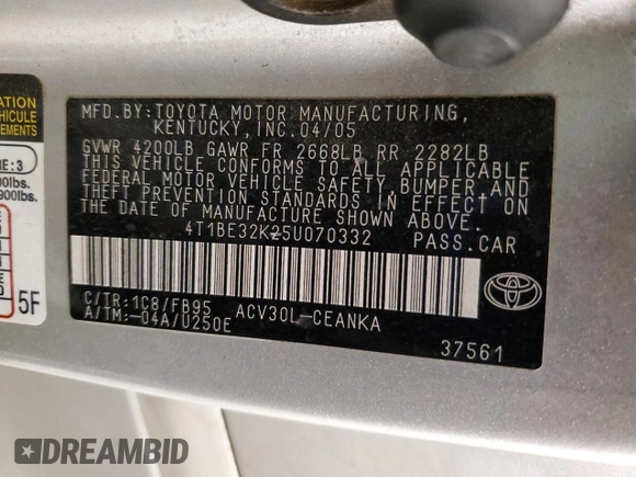 2005 Toyota Camry STD z VIN 4T1BE32K25U070332, wystawiony jako Copart lot #56934795 z przebiegiem 267 925 mil mil oraz Szkoda całkowita • Salvage title. Historia ofert i sprzedaży dostępna na DreamBid. Obrazek 12.