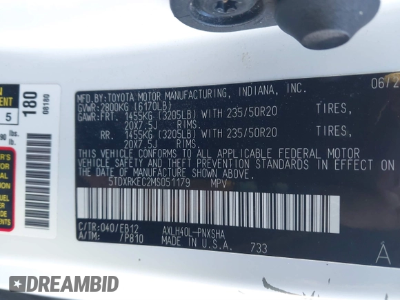 2021 Toyota Sienna XSE with VIN 5TDXRKEC2MS051179, listed as a IAAI auction lot 41067155 with 101,179 mi miles and . Bid and sale history available at DreamBid. Image 9.