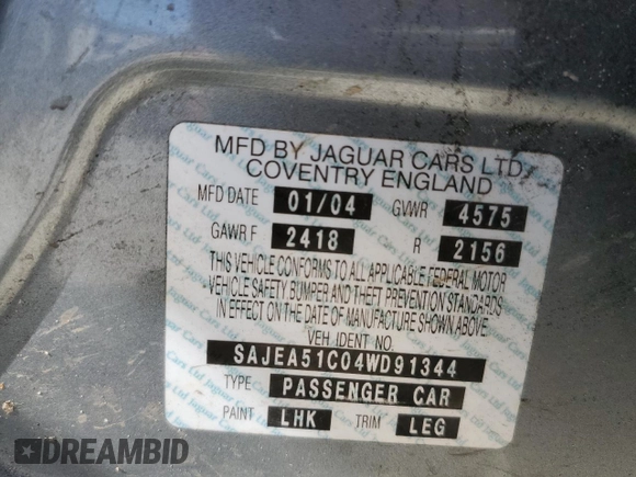2004 Jaguar X-Type with VIN SAJEA51C04WD91344, listed as a Copart auction lot 49979285 with Not Provided miles and Salvage Title. Bid and sale history available at DreamBid. Image 12.