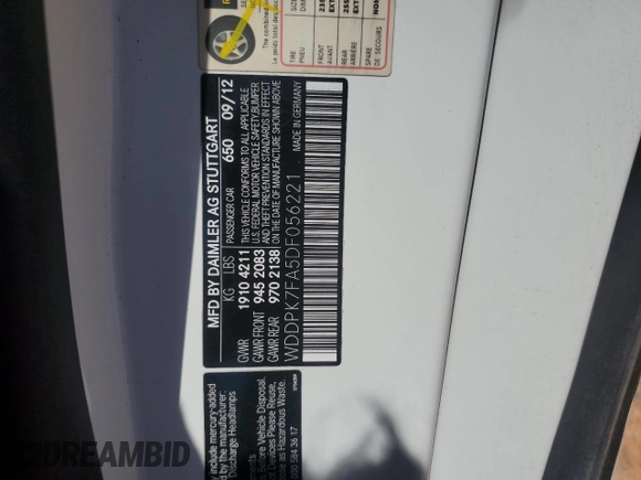 2013 Mercedes-Benz SLK с VIN WDDPK7FA5DF056221, выставлен на аукционе Copart как лот 57798195 с пробегом 109 894 миль миль и Списание • Salvage title. История ставок и продаж доступна на DreamBid. Изображение 12.