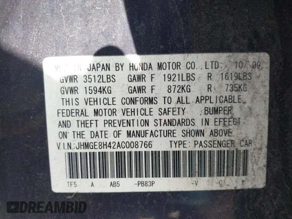 2010 Honda Fit Sport with VIN JHMGE8H42AC008766, listed as a IAAI auction lot 42579084 with Not provided miles and . Bid and sale history available at DreamBid. Image 9.
