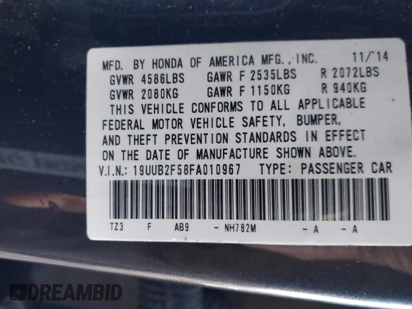 2015 Acura TLX Technology with VIN 19UUB2F58FA010967, listed as a IAAI auction lot 41370203 with 195,000 mi miles and . Bid and sale history available at DreamBid. Image 9.