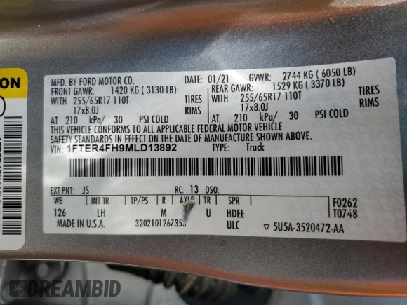 2021 Ford Ranger XL with VIN 1FTER4FH9MLD13892, listed as a Copart auction lot 59750245 with 22,932 mi miles and Salvage title. Bid and sale history available at DreamBid. Image 12.
