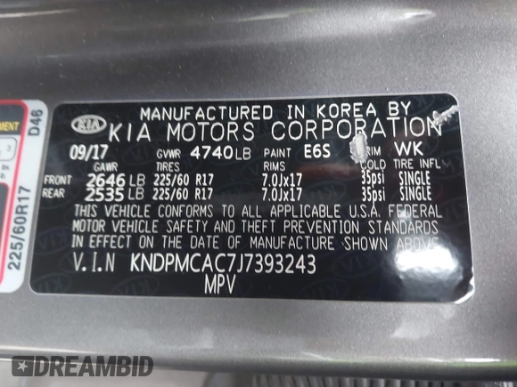 2018 Kia Sportage LX with VIN KNDPMCAC7J7393243, listed as a IAAI auction lot 41484579 with 122,022 mi miles. Bid and sale history available at carsss.com. Image 9.