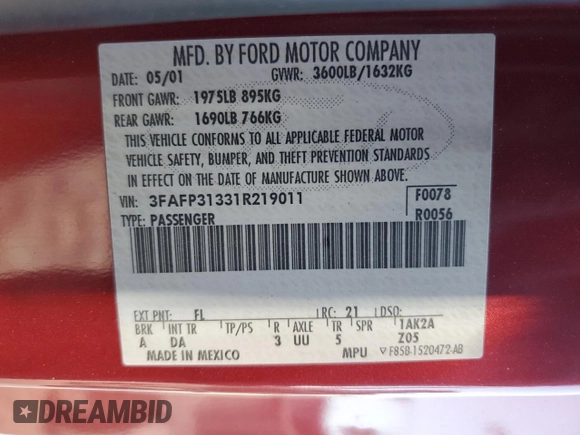 2001 Ford Focus ZX3 z VIN 3FAFP31331R219011, wystawiony jako Copart lot #56032315 z przebiegiem 365 925 mil mil oraz Szkoda całkowita • Salvage title. Historia ofert i sprzedaży dostępna na DreamBid. Obrazek 12.