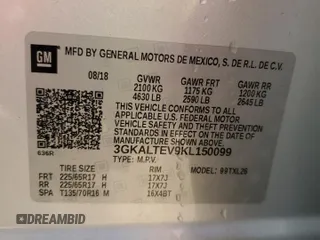 2019 GMC Terrain SLE with VIN 3GKALTEV9KL150099, listed as a Copart auction lot 55633105 with 117,023 mi miles and Salvage title. Bid and sale history available at DreamBid. Image 12.