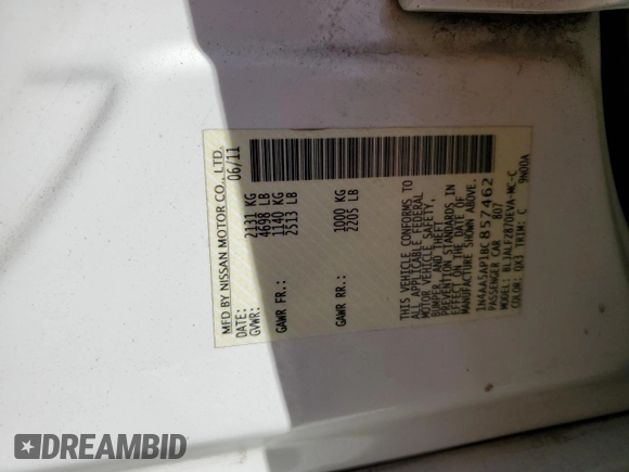 2011 Nissan Maxima SV z VIN 1N4AA5AP1BC857462, wystawiony jako Copart lot #57588525 z przebiegiem 103 476 mil mil oraz Czysty tytuł • Clean title. Historia ofert i sprzedaży dostępna na DreamBid. Obrazek 12.