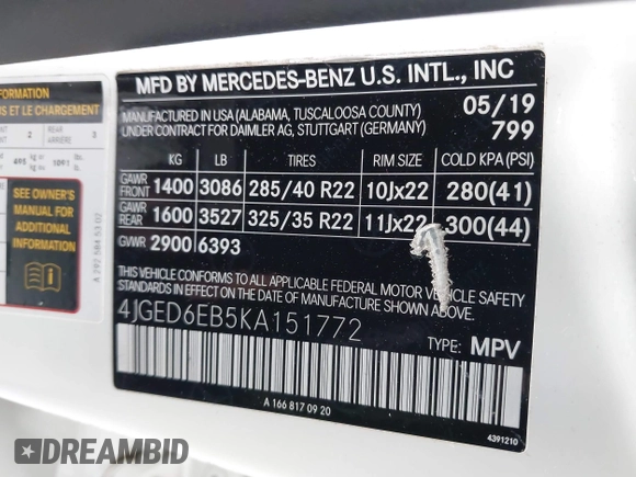 2019 Mercedes-Benz GLE 43 AMG with VIN 4JGED6EB5KA151772, listed as a IAAI auction lot 42168396 with 43,678 mi miles and . Bid and sale history available at DreamBid. Image 9.