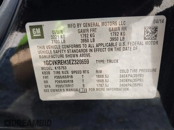 2014 Chevrolet Silverado 1500 LT with VIN 1GCVKREH3EZ320659, listed as a IAAI auction lot 41665352 with 105,574 mi miles and . Bid and sale history available at DreamBid. Image 9.