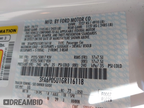 2016 Ford Fusion Titanium z VIN 3FA6P0SU1GR116118, wystawiony jako IAAI lot #42685489 z przebiegiem 138 690 mil mil oraz . Historia ofert i sprzedaży dostępna na DreamBid. Obrazek 9.