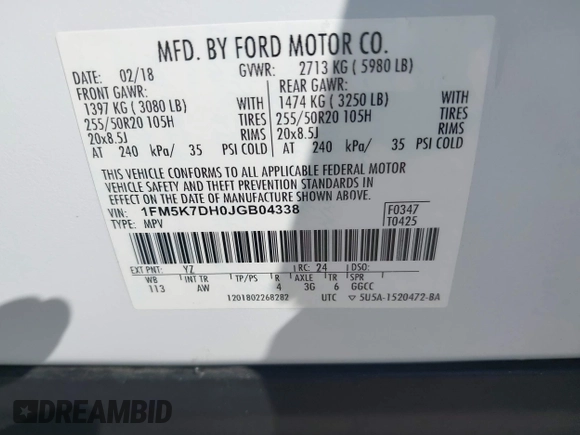 2018 Ford Explorer XLT with VIN 1FM5K7DH0JGB04338, listed as a IAAI auction lot 39979050 with 40,188 mi miles and . Bid and sale history available at DreamBid. Image 9.