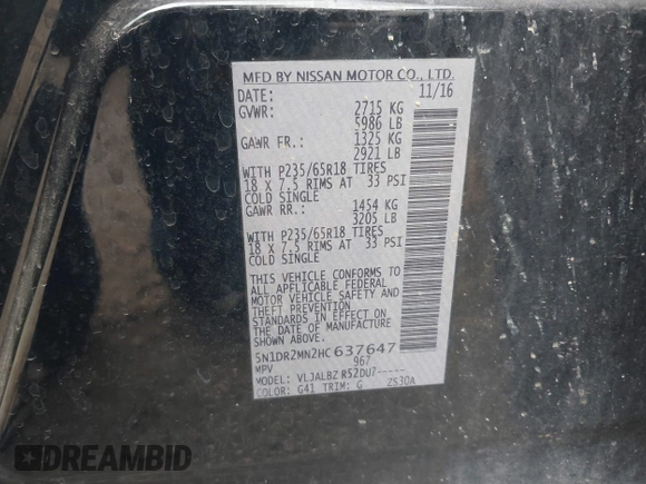 2017 Nissan Pathfinder SV z VIN 5N1DR2MN2HC637647, wystawiony jako IAAI lot #42668153 z przebiegiem 246 190 mil mil oraz . Historia ofert i sprzedaży dostępna na DreamBid. Obrazek 9.