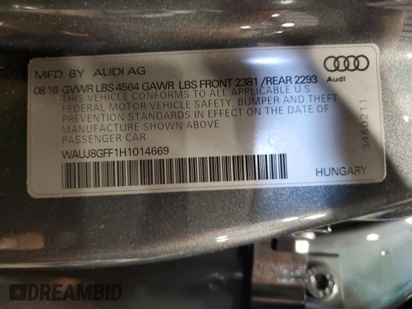 2017 Audi A3 Sedan Premium Plus with VIN WAUJ8GFF1H1014669, listed as a Copart auction lot 63958353 with 71,243 mi miles. Bid and sale history available at carsss.com. Image 12.
