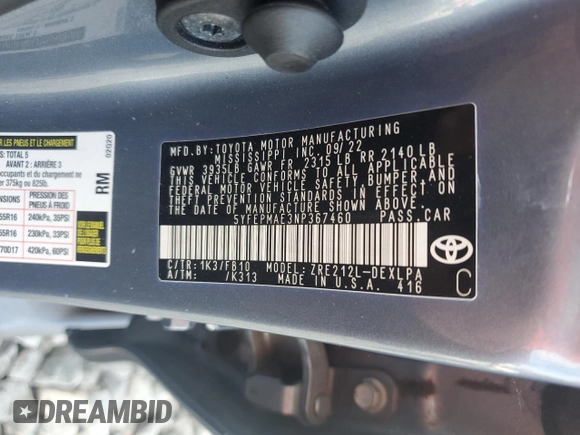 2022 Toyota Corolla LE with VIN 5YFEPMAE3NP367460, listed as a Copart auction lot 50724175 with 63,088 mi miles and Clean Title. Bid and sale history available at DreamBid. Image 13.