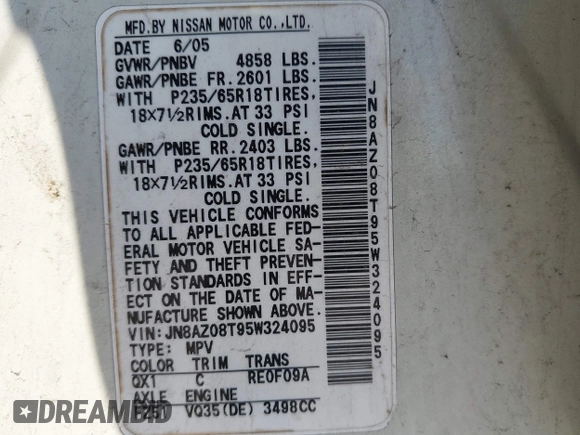 2005 Nissan Murano SL z VIN JN8AZ08T95W324095, wystawiony jako IAAI lot #42210189 z przebiegiem 137 431 mil mil oraz . Historia ofert i sprzedaży dostępna na DreamBid. Obrazek 9.