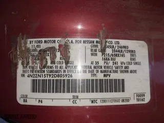 2002 Nissan Quest GXE with VIN 4N2ZN15T92D805926, listed as a IAAI auction lot 41576725 with 226,920 mi miles. Bid and sale history available at carsss.com. Image 9.