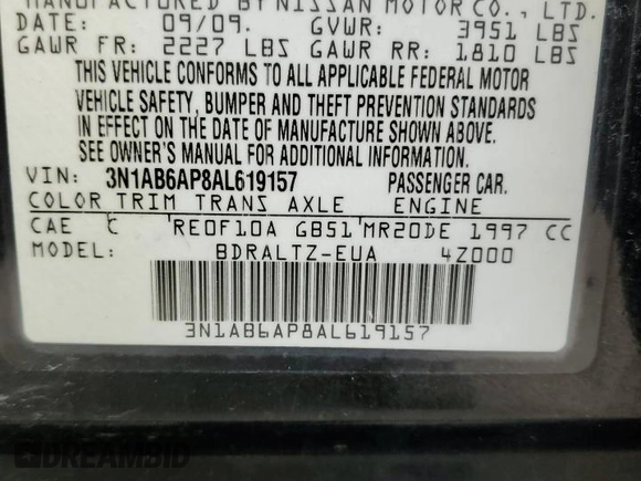 2010 Nissan Sentra SR with VIN 3N1AB6AP8AL619157, listed as a Copart auction lot 55132345 with 136,011 mi miles and Salvage Title. Bid and sale history available at DreamBid. Image 12.
