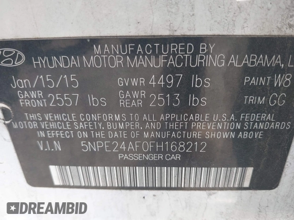 2015 Hyundai Sonata SE with VIN 5NPE24AF0FH168212, listed as a IAAI auction lot 41750301 with 253,433 mi miles and . Bid and sale history available at DreamBid. Image 9.