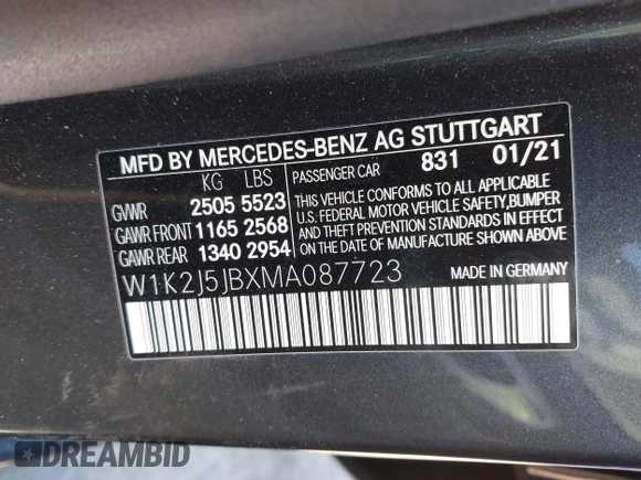 2021 Mercedes-Benz CLS with VIN W1K2J5JBXMA087723, listed as a IAAI auction lot 41402688 with 28,035 mi miles. Bid and sale history available at carsss.com. Image 9.