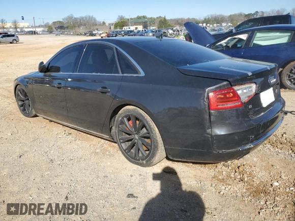 2012 Audi A8 with VIN WAUAVAFD5CN013921, listed as a Copart auction lot 47845595 with 92,512 mi miles and Salvage title. Bid and sale history available at DreamBid. Image 2.