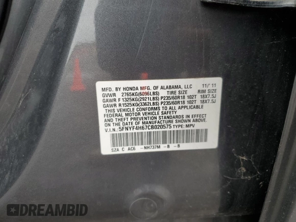 2012 Honda Pilot EX-L with VIN 5FNYF4H67CB020575, listed as a Copart auction lot 52577515 with 0 mi miles and Salvage Title. Bid and sale history available at carsss.com. Image 14.