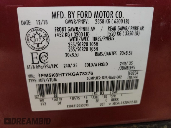2019 Ford Explorer Platinum with VIN 1FM5K8HT7KGA78276, listed as a Copart auction lot 60153105 with 67,394 mi miles and Salvage title. Bid and sale history available at DreamBid. Image 13.