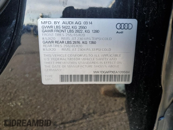 2014 Audi Q5 Premium Plus with VIN WA1DGAFPXEA109584, listed as a Copart auction lot 53900065 with 123,235 mi miles and Salvage title. Bid and sale history available at DreamBid. Image 12.