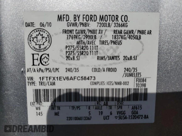 2010 Ford F-150 XL with VIN 1FTFX1EV6AFC58473, listed as a Copart auction lot 52357365 with 122,755 mi miles and Salvage title. Bid and sale history available at DreamBid. Image 15.