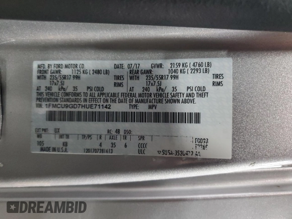2017 Ford Escape SE with VIN 1FMCU9GD7HUE71142, listed as a Copart auction lot 55446105 with 189,708 mi miles and Clean Title. Bid and sale history available at carsss.com. Image 14.