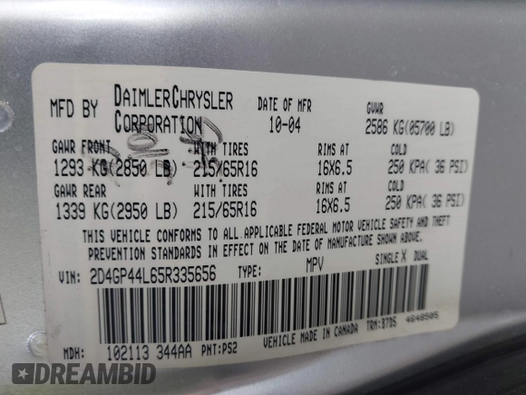 2005 Dodge Caravan SXT with VIN 2D4GP44L65R335656, listed as a IAAI auction lot 42526728 with 322,176 mi miles and . Bid and sale history available at DreamBid. Image 9.