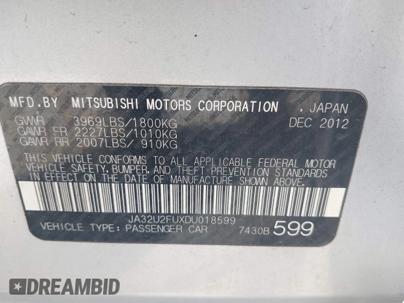 2013 Mitsubishi Lancer ES with VIN JA32U2FUXDU018599, listed as a IAAI auction lot 41858172 with 138,351 mi miles and . Bid and sale history available at DreamBid. Image 9.